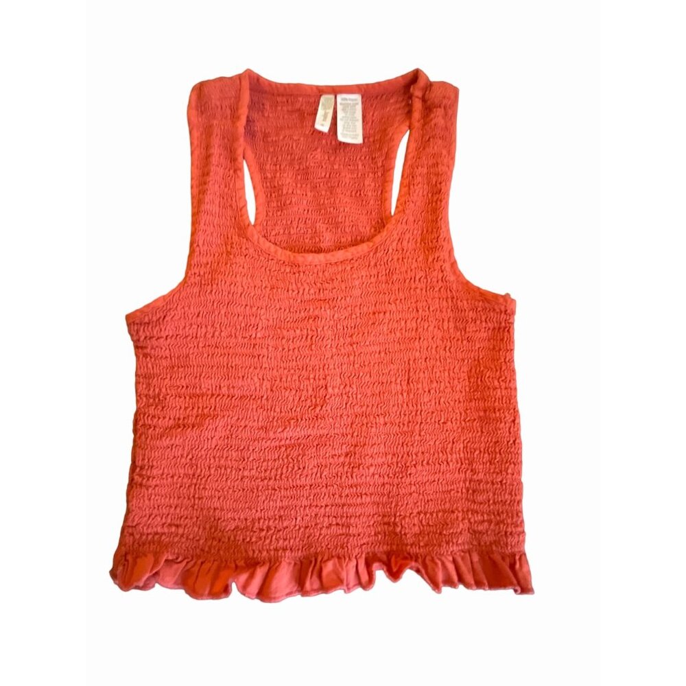 Japna Coral Smocked Tank Top Small - Ruffle Hem Cropped Racerback Boho Summer